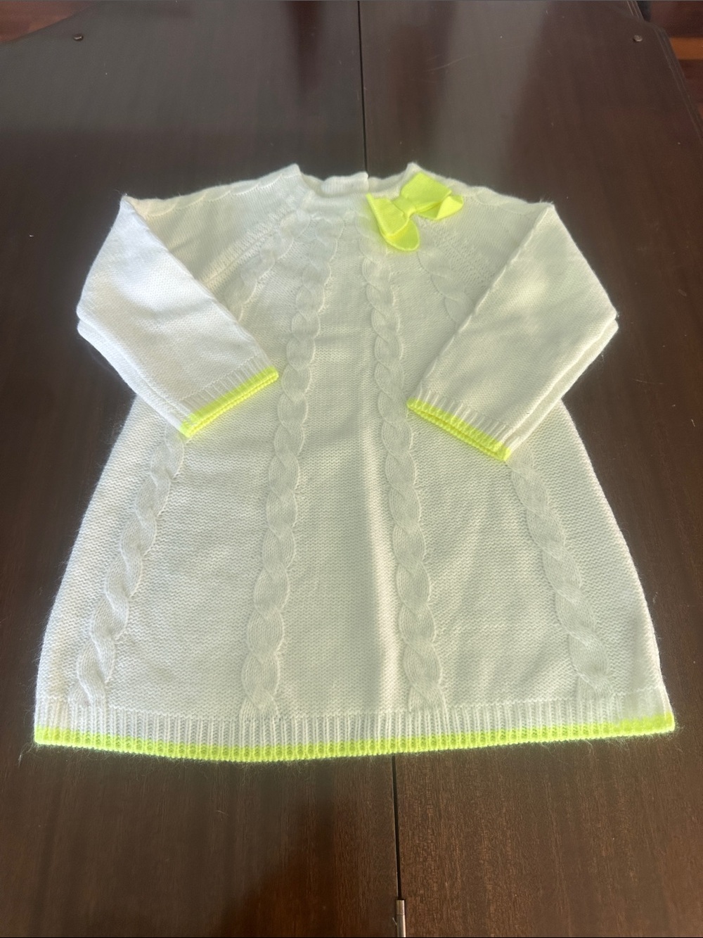 Gymboree White Knit Dress with Neon Yellow Trim and Bow